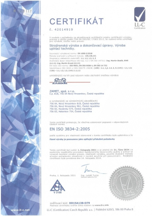 Certifikát EN ISO 3834-2:2005 